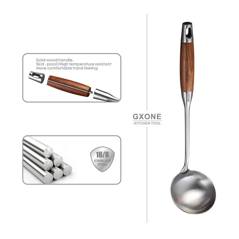 GXONE Soup Ladle,304 Stainless Steel Cooking Ladle Spoon Wok Tools with Long Wooden Handle Heat Resistant,Silver/14.6Inch - Image 3